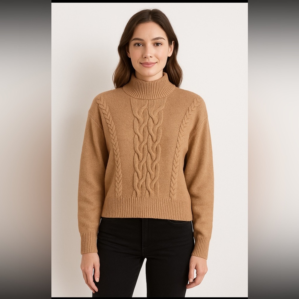 Truth by Republic Large Camel Cable Knit Mock Neck Sweater Women’s Pullover Tan
